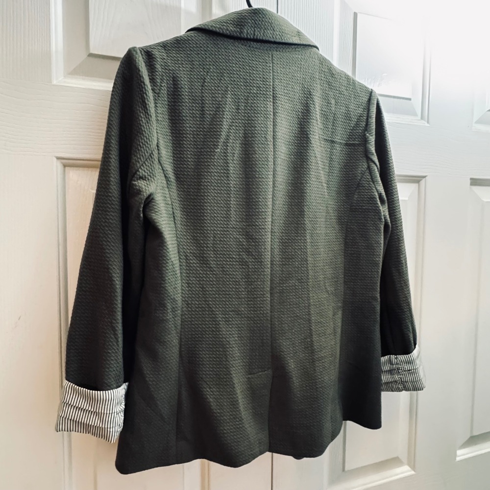 NWT Skies Are Blue Olive Green Textured Blazer OpenFront Striped Cuff Sz Small - Picture 4 of 8